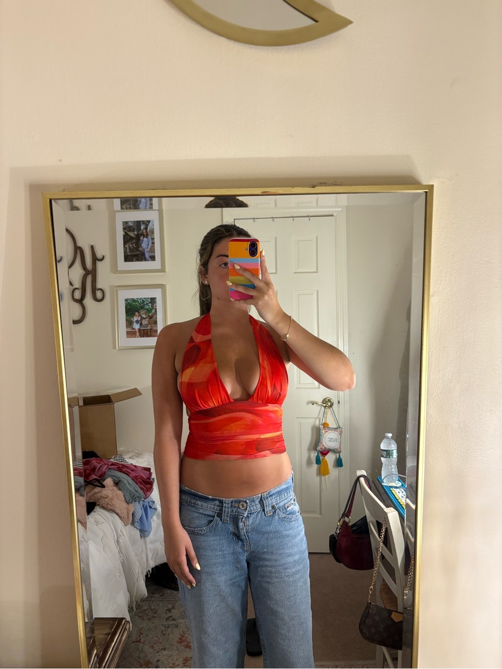 emory park Red & Orange V-Neck Halter Wrap Crop Top